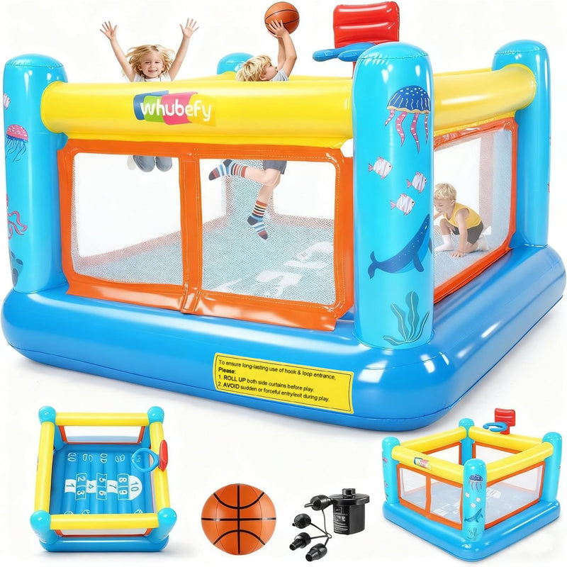 AKEYDIY Bounce House, PVC Inflatable Bounce House For Kids 3-6, Indoor Outdoor Toddler Bouncy House, Jumping Castle With Basketball Hoop, Game Map, Air Pump Included (LOCAL PICKUP ONLY)