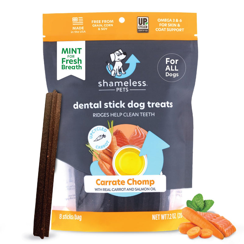 Shameless Pets Dental Treats For Dogs, Carrate Chomp - Healthy Dental Sticks With Skin & Coat Support For Teeth Cleaning & Fresh Breath - Dog Bones Dental Chews Free From Grain, Corn & Soy