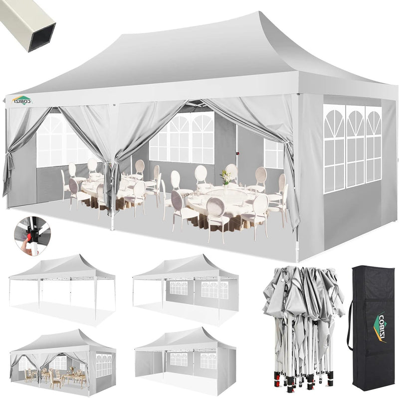 COBIZI 10X20 Pop Up Canopy With 6 Sidewalls,10X20 Canopy Tent Frame Upgraded With 3 Adjustable Heights,Waterproof UV50+ Outdoor Party Commercial Ez Up Gazebos With Carry Bag(10 X 20 Ft White) (LOCAL PICKUP ONLY)