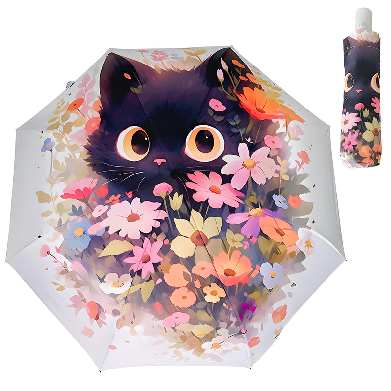 NBHUZEHUA Cat Flower Umbrella Compact Travel Rain Sun Uv Protection Portable Foldable Umbrella For Women