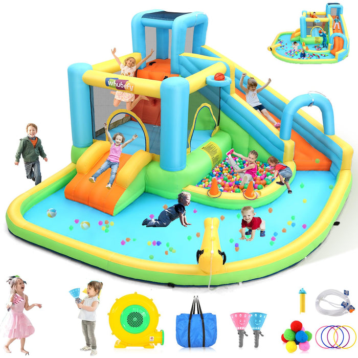 Whubefy Bounce House Water Slide For Kids 3-12 W/Blower, Waterslide 12.8X12ft Waterpark With Jump Area, Catch Ball, Toss Rings, Water Blaster, 10 Accessories, Hold For 8 Kids, PVC Water Bounce House (LOCAL PICKUP ONLY)