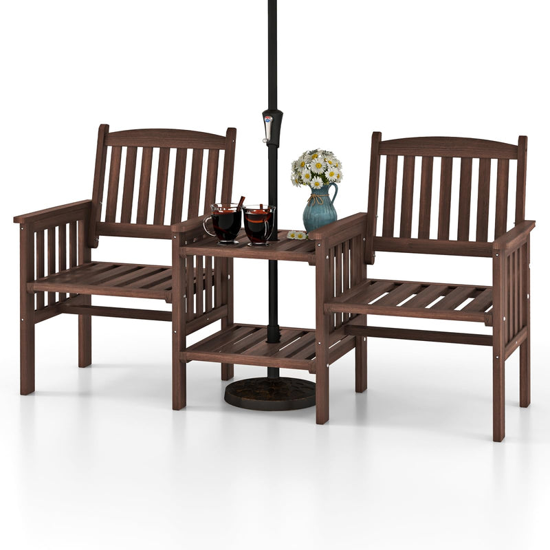 Tangkula Outdoor Fir Wood Loveseat With 2-Tier Side Table And Umbrella Hole, 2-Seater Patio Garden Bench With Armrests And Slatted Seats, Outdoor Table And Chairs Set For Porch And Balcony (LOCAL PICKUP ONLY)