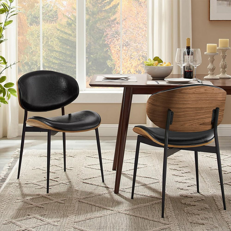 Zouron Faux Leather Dining Chairs Set Of 2, Mid Century Modern Dining Room Chairs With Black Steel Legs, Upholstered Armless Accent Chair For Kitchen Bedroom Living Room, Walnut Bendwood, Black (LOCAL PICKUP ONLY)
