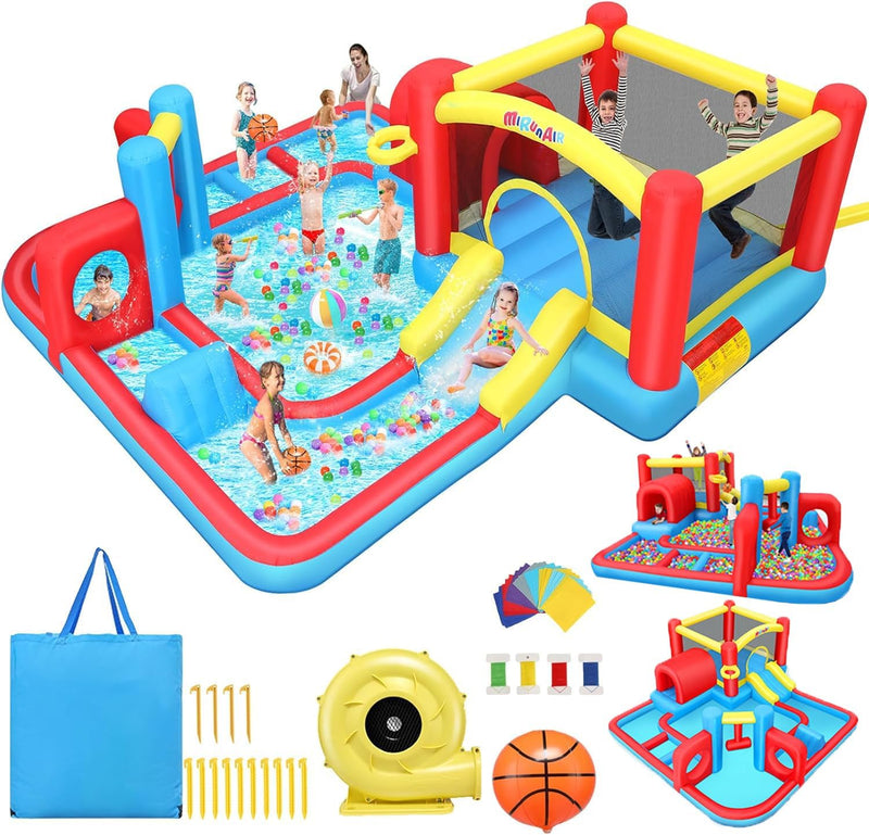 USED AKEYDIY Inflatable Water Slide Bounce House For Big Kids 3-12, Obstacle Course With Tunnel & Slide, Large Splash Pool, Water Cannon, Blow Up Water Park For Kids Backyard Indoor Outdoor (LOCAL PICKUP ONLY)