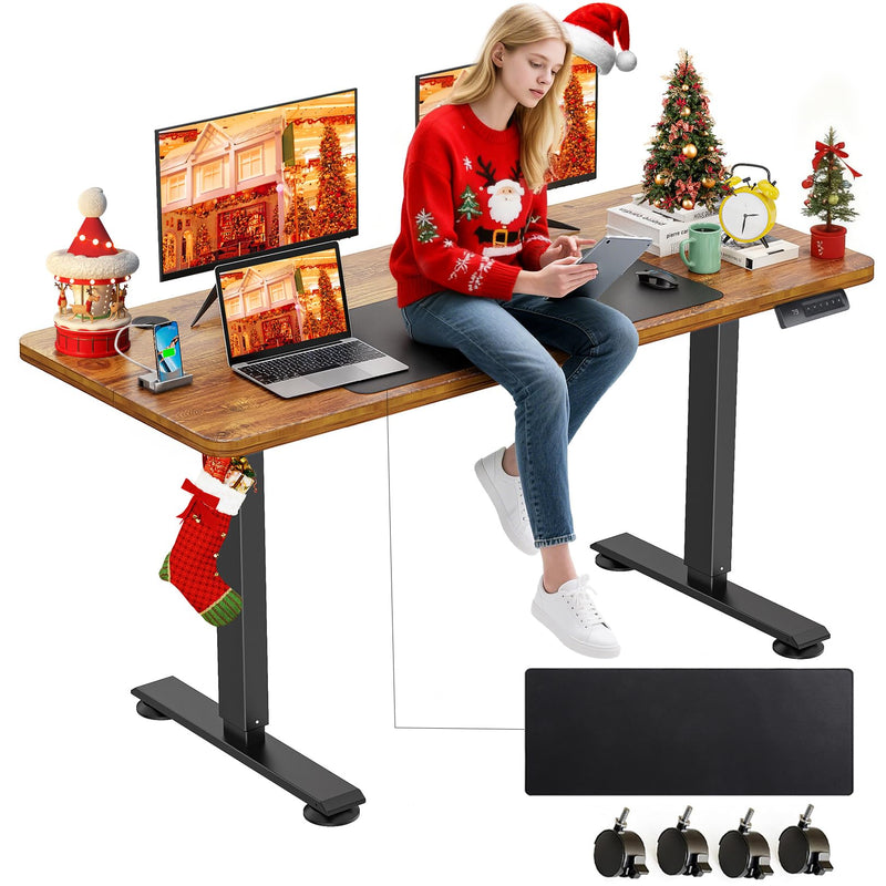 Farexon Electric Standing Desk Adjustable Height, 55 X 24 Inch Sit Stand Up Desk With Large Mouse Pad, 2 Metal Hook,4 Wheels,4 Memory Preset Heights Home Office Computer Desk(Brown) (LOCAL PICKUP ONLY)