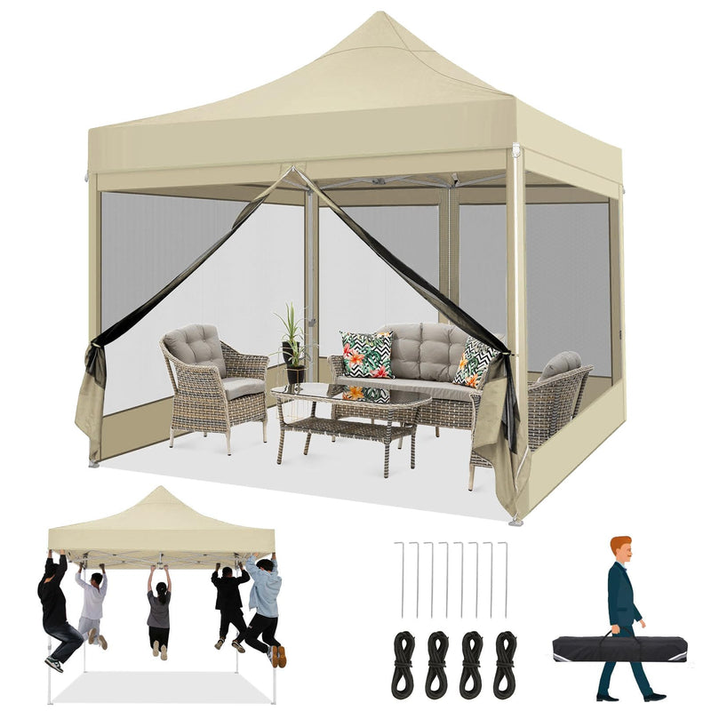 COBIZI 10X10 Heavy Duty Pop Up Canopy Tent With 4 Sidewalls, Easy Set Up Outdoor Waterproof Screen Commercial Party Tent With Mosquito Netting For Parties Backyard Patio, Carry Bag, Khaki (LOCAL PICKUP ONLY)