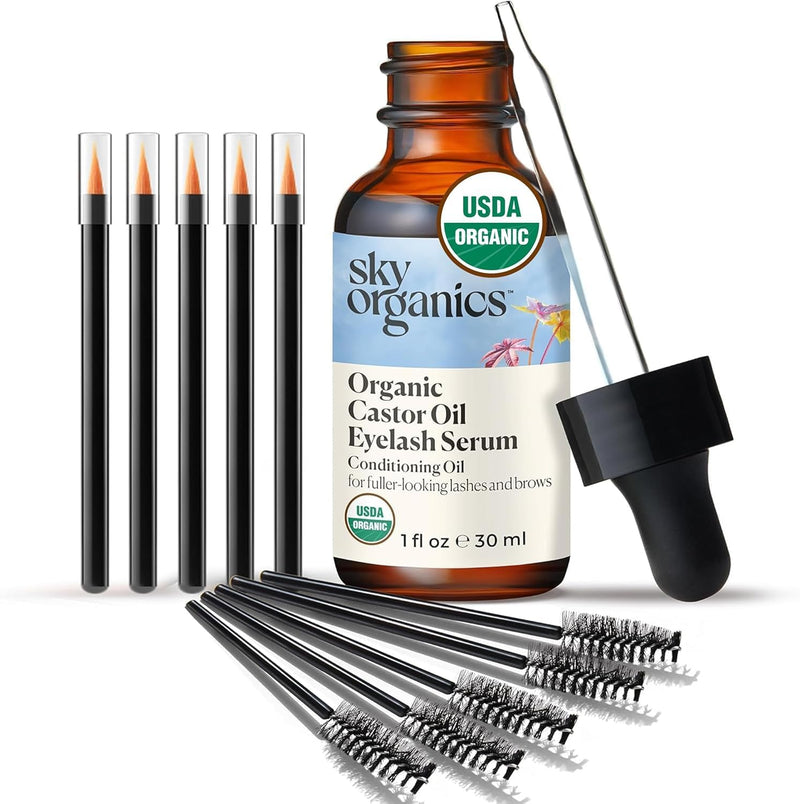 Sky Organics Organic Castor Oil Eyelash & Brow Serum, Hexane-Free Conditioning Oil That Promotes Fuller Looking Lashes & Eye Brows, 100% Pure & Cold-Pressed 1 Fl. Oz. / 30 Ml