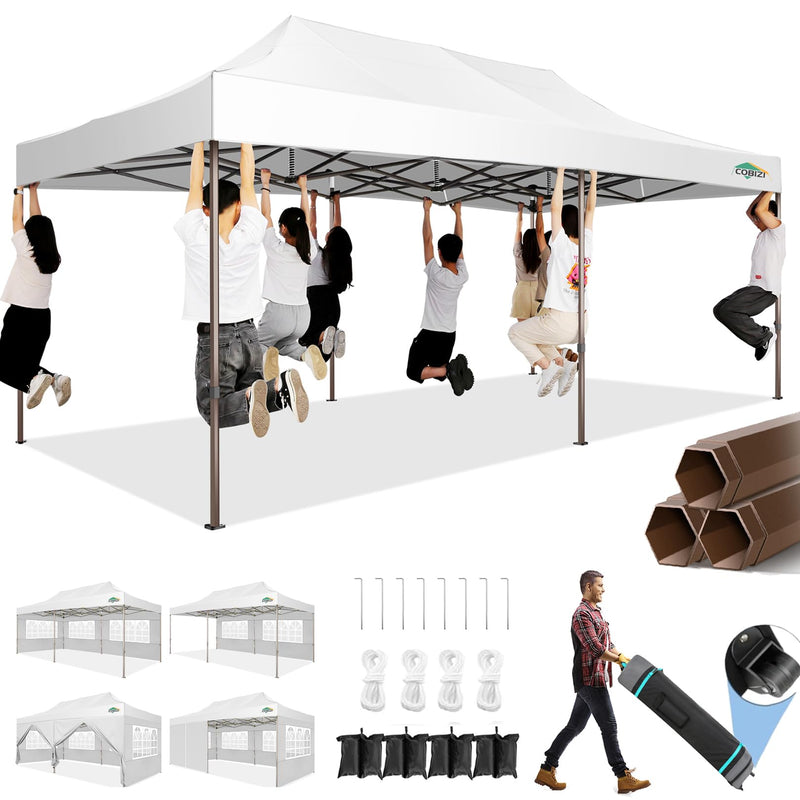 COBIZI 10X20 Pop Up Canopy Heavy Duty With 6 Removable Sidewalls, Commercial Heavy Duty Pop Up Tent For Parties All Weather Waterproof And UV 50+ Wedding Tent With Roller Bag(Frame Upgraded) (LOCAL PICKUP ONLY)