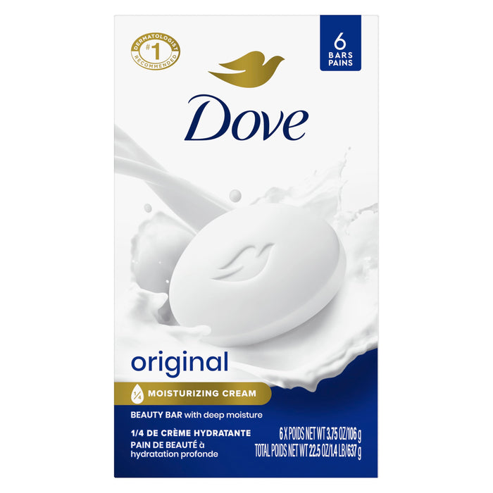 Dove Beauty Bar Soap Original, 6 Bars For Soft, Smooth Skin, With 1/4 Moisturizing Cream 3.75 Oz