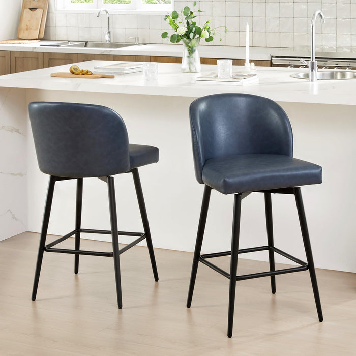 Watson & Whitely Counter Height Bar Stools Set Of 2, 360° Swivel Upholstered Barstools With Backs And Metal Legs, 26" H Seat Height, Faux Leather In Blue (LOCAL PICKUP ONLY)