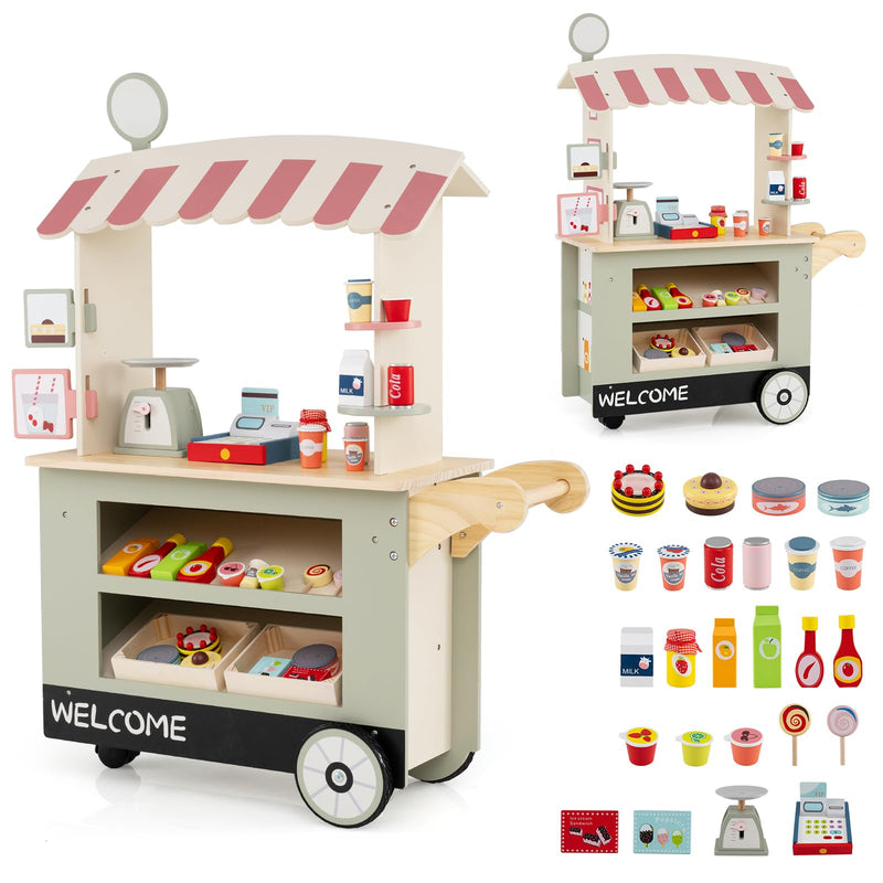 Costzon Kids Grocery Store Playset, Toddler Pretend Market Stand Shop Play Set W/ 30PCS Play Toy, Beverage Rack, Cash Register, Scale, Large Wheels, Wooden Food Cart, Gift For Boys Girls 3+ (Green) (LOCAL PICKUP ONLY)