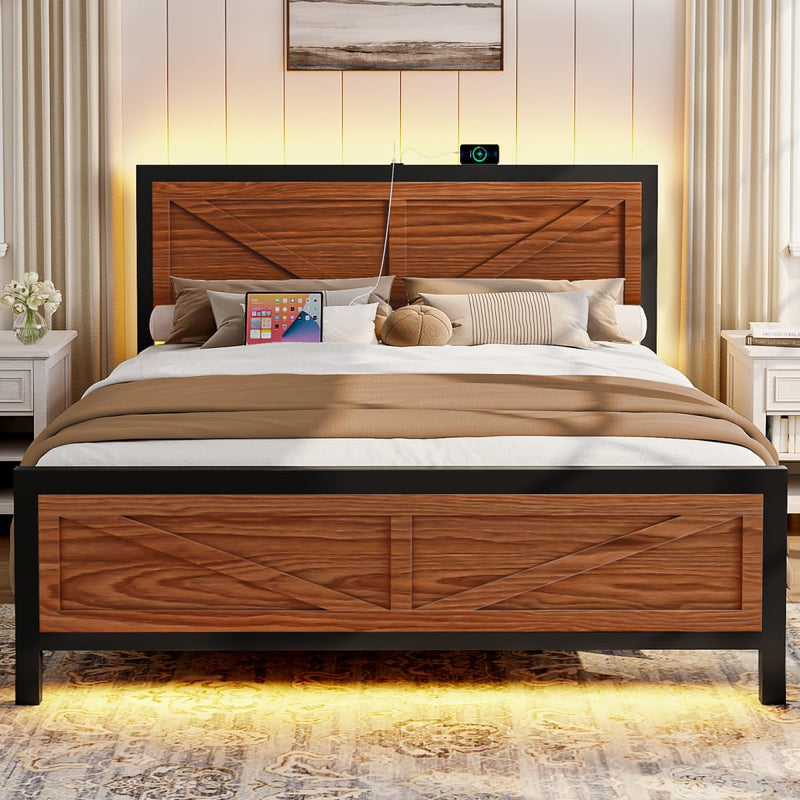 Siihnon Rustic Bed Frame King Size With Barn Door Headboard, LED Bed Frame With Charging Station, Industrial Platform Metal Bed Frames, No Box Spring Needed, Easy Assembly, Walnut (LOCAL PICKUP ONLY)