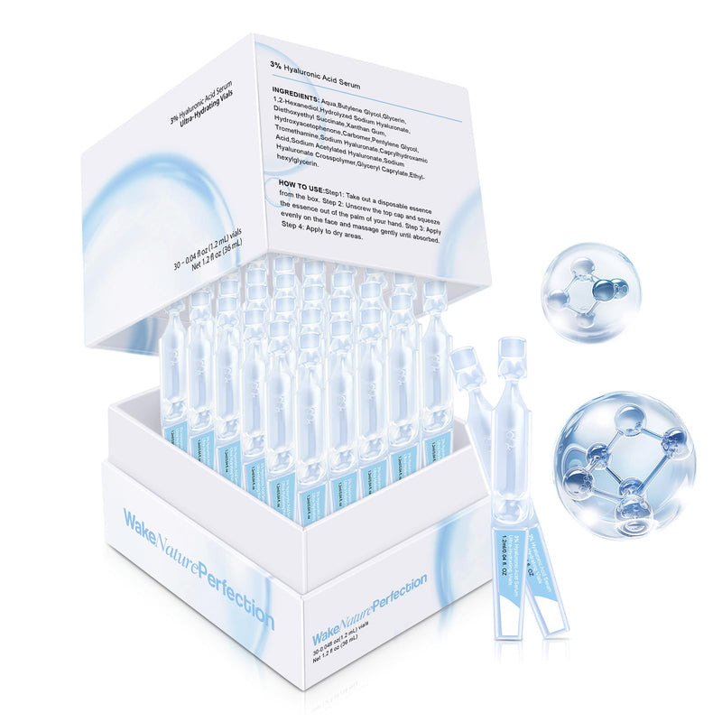 3% Hyaluronic Acid Serum Ultra-Hydrating Vials, 30Pcs Hyaluronic Acid Tubes, Wake Nature Perfection, Hyaluronic Serum For Face, Ultra Hydrating Essence With Collagen & Hyaluronic