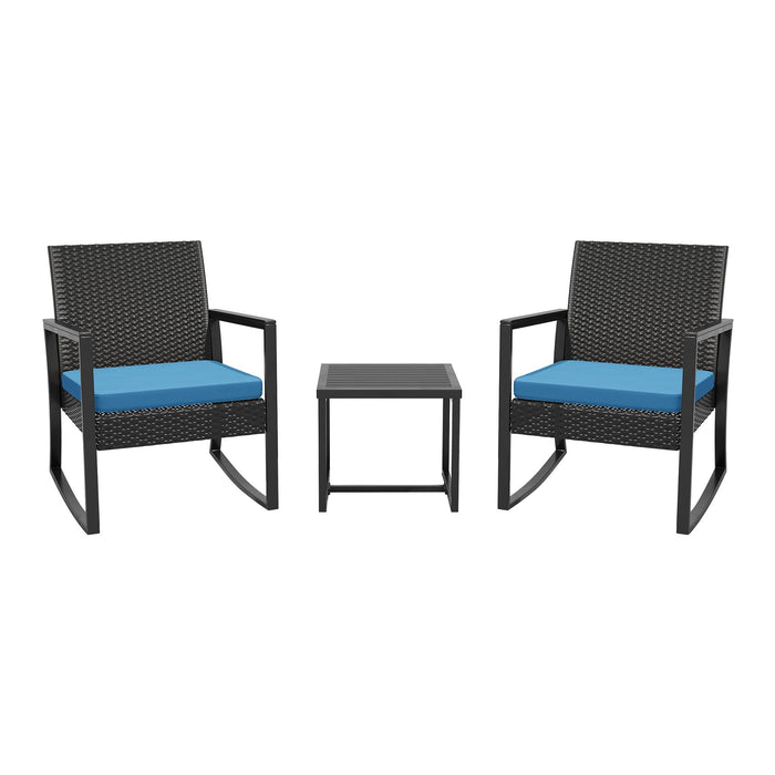 ELEGIBLISS 3 Pieces Outdoor Patio Set -Wicker Rattan Chair Conversation Set With Glass Table For Poolside Yard Rocking Chair Set For Bistro Garden Front Porch All Weather Patio Furniture Set