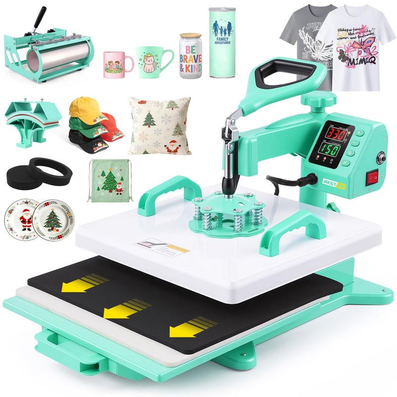 15X15 Heat Press, 5In1combo Heat Press Machine With 11-30Oz Tumbler/Mug/Hat/Plate Press,360° Swing Away Digital Shirt Press Machine,Slide Out For Beginners (15‘’X15‘’ Green 5In1) (LOCAL PICKUP ONLY)