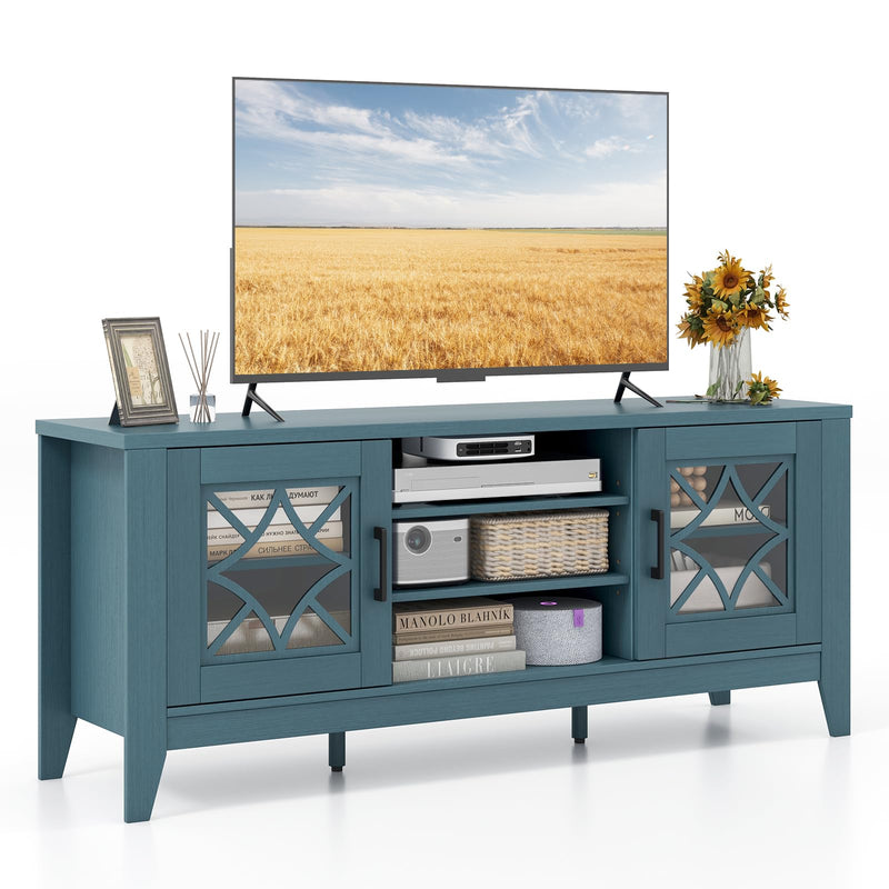 Tangkula Farmhouse TV Stand For Tvs Up To 65-In, Classic Media Entertainment Center W/Glass Door Cabinets & 4 Adjustable Shelves, Modern TV Console Table W/ 3 Cable Holes For Living Room (Teal Blue) (LOCAL PICKUP ONLY)