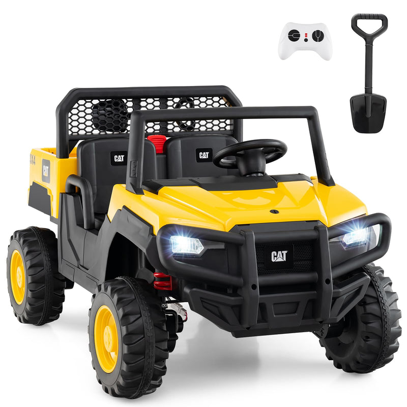 Costzon 2-Seater Licensed Caterpillar Ride On Dump Truck, 24V Kids Car Electric Vehicle With Remote Control, 4 X 100W Motors, Soft Start & Spring Suspension, Kids UTV With Dump Bed, Gift, Yellow (LOCAL PICKUP ONLY)