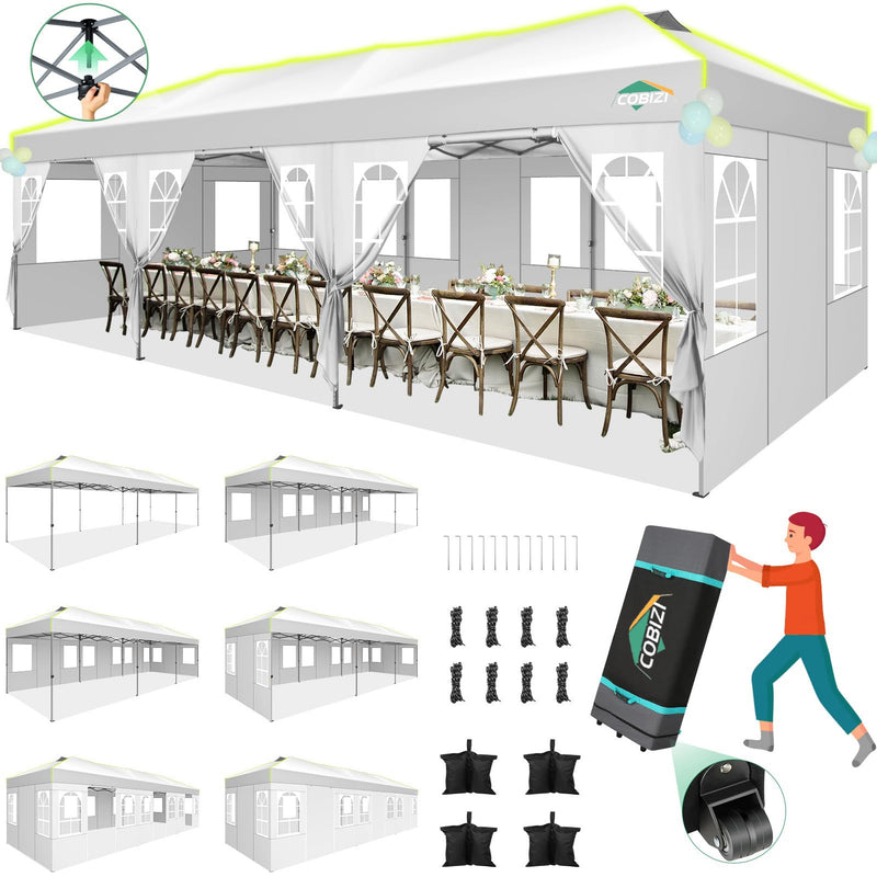 COBIZI 10X30 Pop Up Canopy Tent With 8 Removable Sidewalls, One Push Party Tent Outdoor Waterproof Event Canopy With Air Vent For Parties Commercial Wedding, 3 Height, Roller Bag, Sandbag, White (LOCAL PICKUP ONLY)