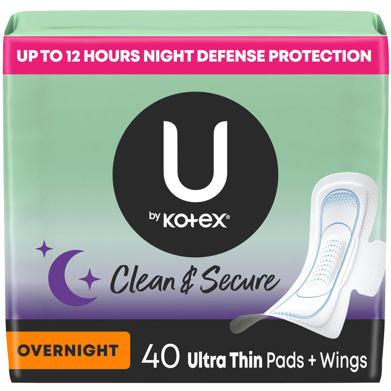 U By Kotex Ultra Thin Pads With Wings, Clean & Secure, Overnight Absorbency, 40 Count (Packaging May Vary)