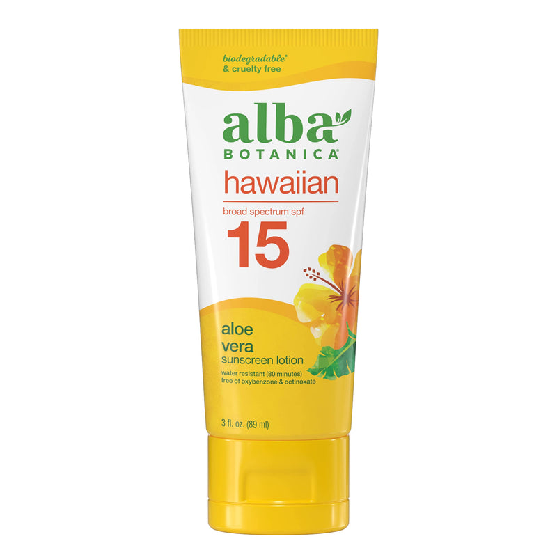 Alba Botanica Sunscreen For Face And Body, Hawaiian Aloe Vera Sunscreen Lotion, Broad Spectrum SPF 15 Sunscreen, Water Resistant And Biodegradable, 3 Fl. Oz. Bottle