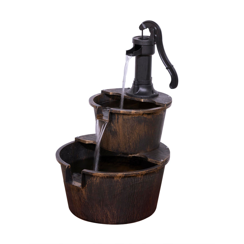 Alpine Corporation 27" Tall Rustic Outdoor 2-Tier Barrel Pump Water Fountain With Soothing Cascading Water Flow For Patio, Yard, Porch, Or Landscape, Bronze