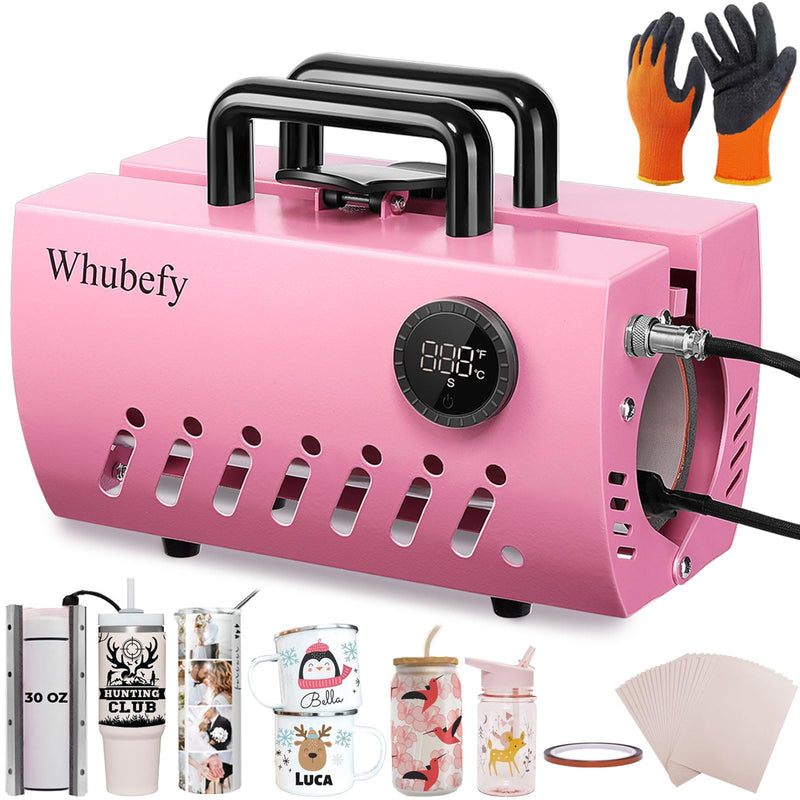Whubefy Tumbler Mug Heat Press Machine 11-30Oz, Pink Portable Heat Transfer Sublimation 30Oz 20Oz Straight Skinny Tumblers, 11-16Oz Glass/Ceramic/Aluminium Coffee Cup Press With Gloves/Heat Paper/Tape