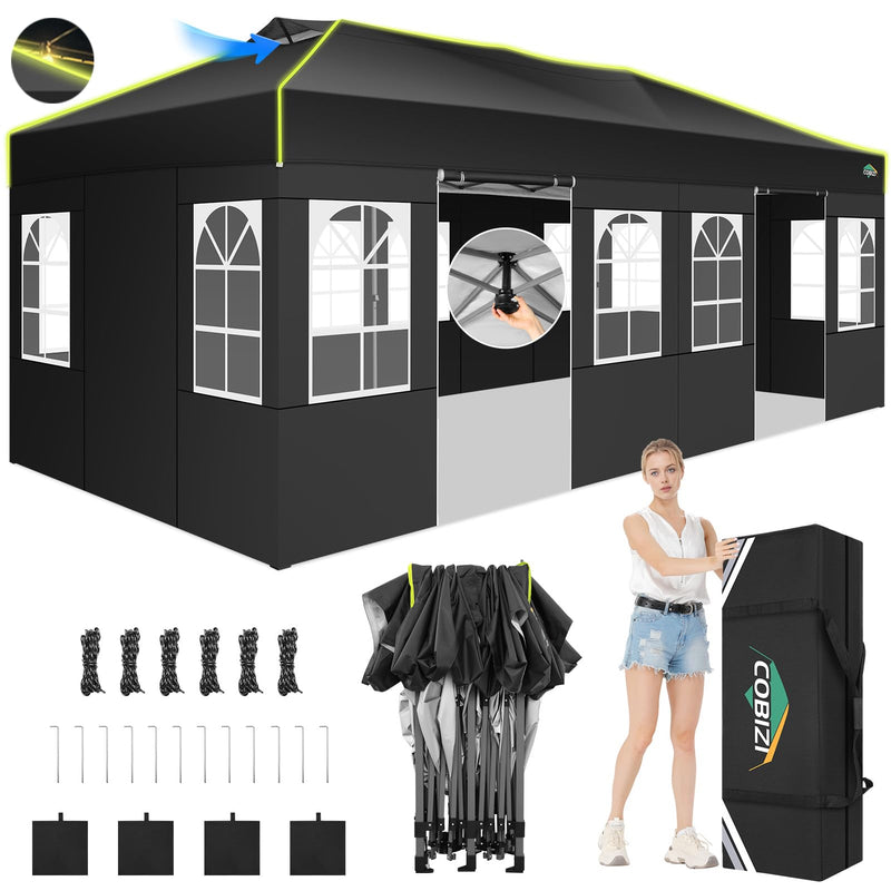 COBIZI 10X20 Pop Up Canopy Tent, Outdoor Party Tent With 6 Sidewall One Push Setup Glow, 3 Adjustable Height Air Vent Waterproof UPF50+, Bag, 4 Sandbag, 6 Stake, 12 Rope For Beach, Commercial (LOCAL PICKUP ONLY)