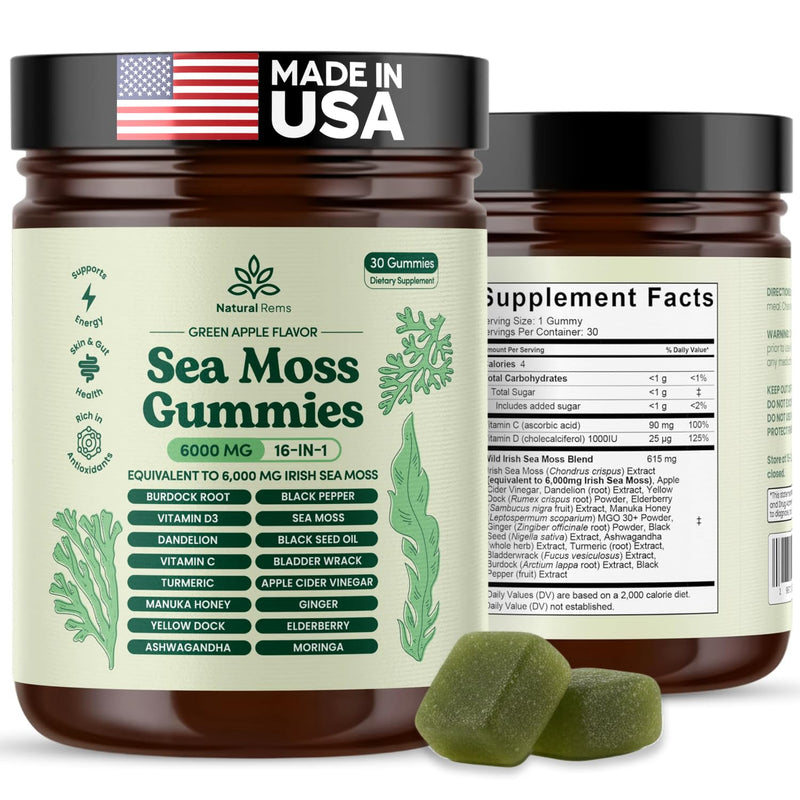 Natural Rems Sea Moss Gummies 16-In-1 - Ashwagandha Black Seed Oil Bladder Wrack Turmeric Vitamin C & D3 With Manuka Burdock Root Dandelion Yellow Dock Elderberry Apple Cider Vinegar (Green Apple)