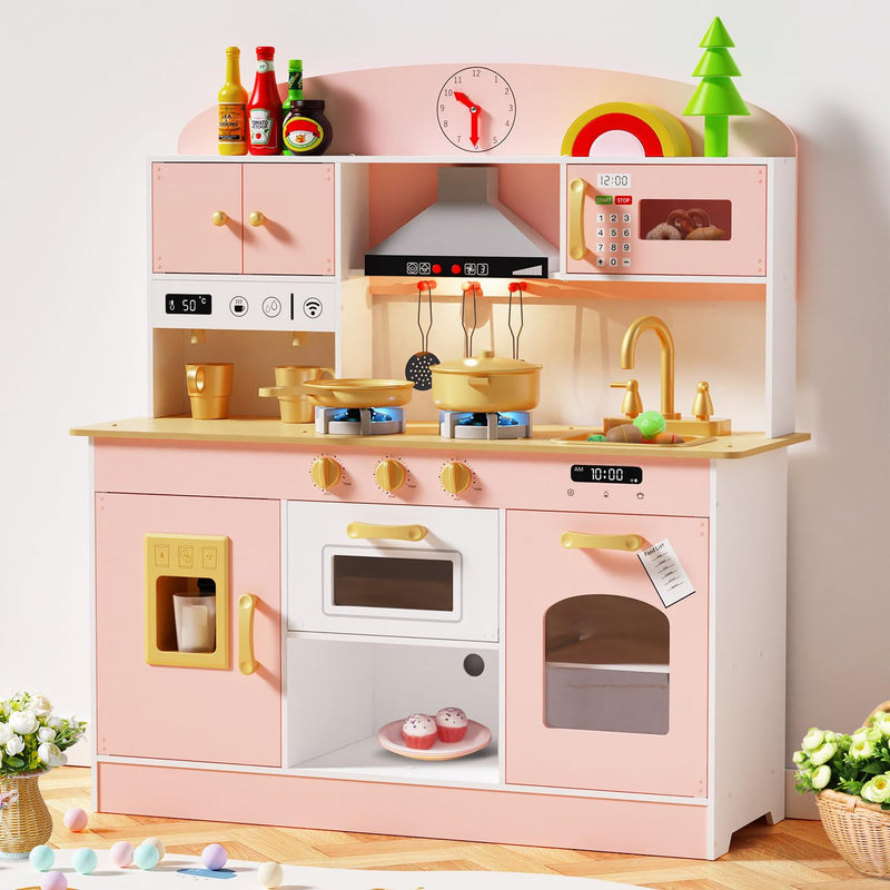 Babytronic Wooden Play Kitchen Set, Pretend Play Kitchen With Lights And Sounds For Kids Ages 3+, Includes Stove, Oven, Microwave, Coffee Maker, And Accessories, Toy Kitchen Set For Toddlers (Pink) (LOCAL PICKUP ONLY)