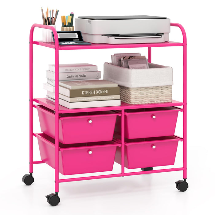 Giantex Rolling Storage Cart W/ 4 Drawers 2 Shelves Metal Rack Shelf Home Office School Beauty Salon Utility Organizer Cart With Wheels, Hot Pink (LOCAL PICKUP ONLY)