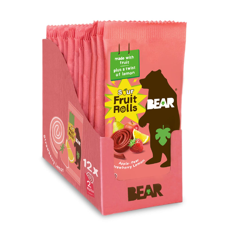 BEAR Sour Fruit Snack Rolls, Strawberry Lemon – 12 Pack (2 Rolls Per Pack) – Gluten Free, Vegan, And Non-GMO – Healthy School And Lunch Snacks For Kids And Adults, 0.7 Ounce