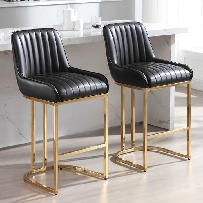 ROCITY Black Leather Bar Stools Set Of 2 Modern Counter Stools With Gold Legs 26 Inch Counter Height Bar Stools Upholstered Kitchen Island Chairs With Back (LOCAL PICKUP ONLY)