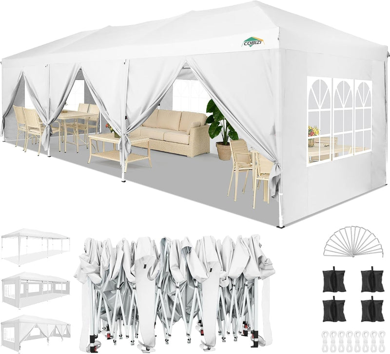 COBIZI Canopy 10X30 FT Party Tents For Parties With 8 Sidewalls, Carpas Para Fiestas,Pop Up Canopy Tent, Wedding Outdoor Gazebo Waterproof For Commercial Event With Stakes, Ropes, Sandbags, White (LOCAL PICKUP ONLY)