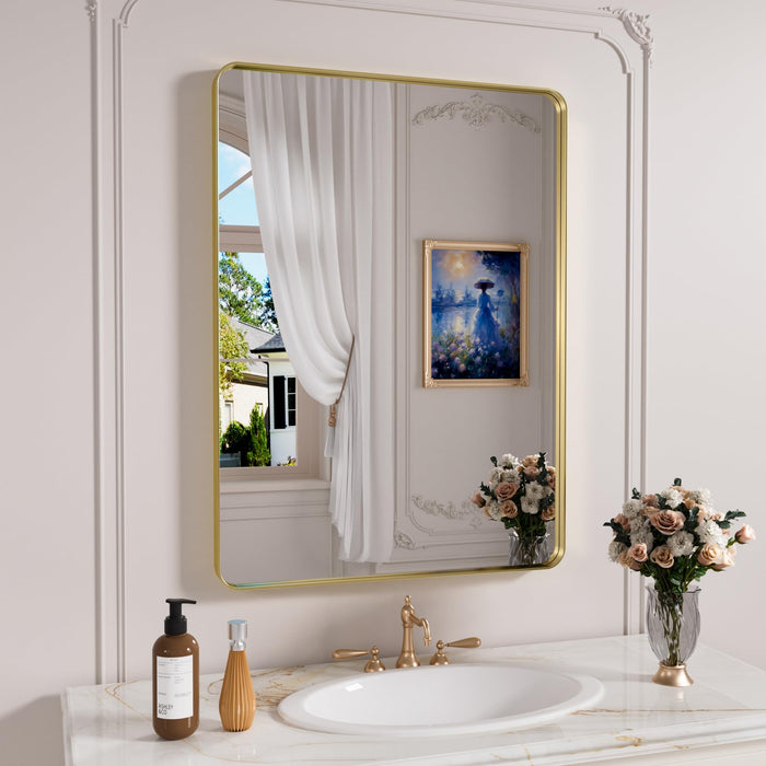JISOSO Gold Bathroom Mirror, 24X36 Inch Brushed Gold Metal Frame Mirror For Wall, Rounded Rectangle Bathroom Vanity Mirror, Tempered Glass, Anti-Rust, Horizontal/Vertical (LOCAL PICKUP ONLY)