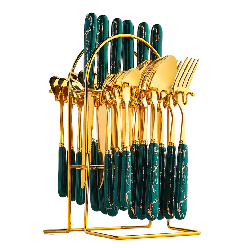 24-Piece Gilded Stainless Steel Flatware Set,Kitchen Utensil Tableware Cutlery Set Service For 6, Steak Cutlery Set For Home And Restaurant (Dark Green)