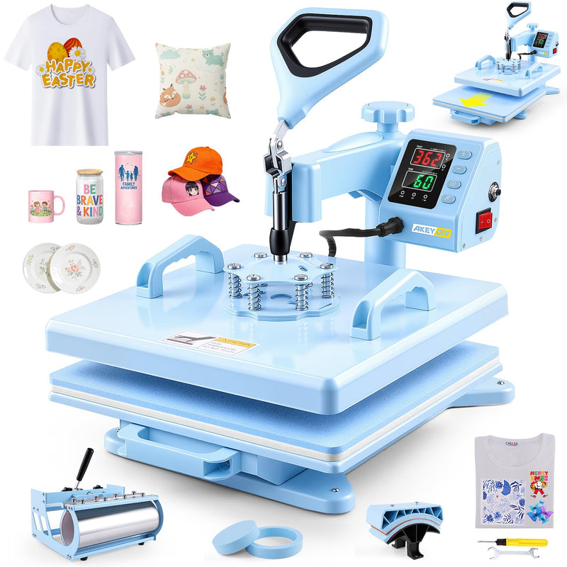 AKEYDIY Heat Press 15X15 Inch 5 In 1 With 30OZ Tumbler Press, 360° Swivel Away Slide Out Digital Shirt Press Machine, Industrial Heat Transfer Machine Sublimation For T-Shirt (15X15-5 In 1 Blue) (LOCAL PICKUP ONLY)