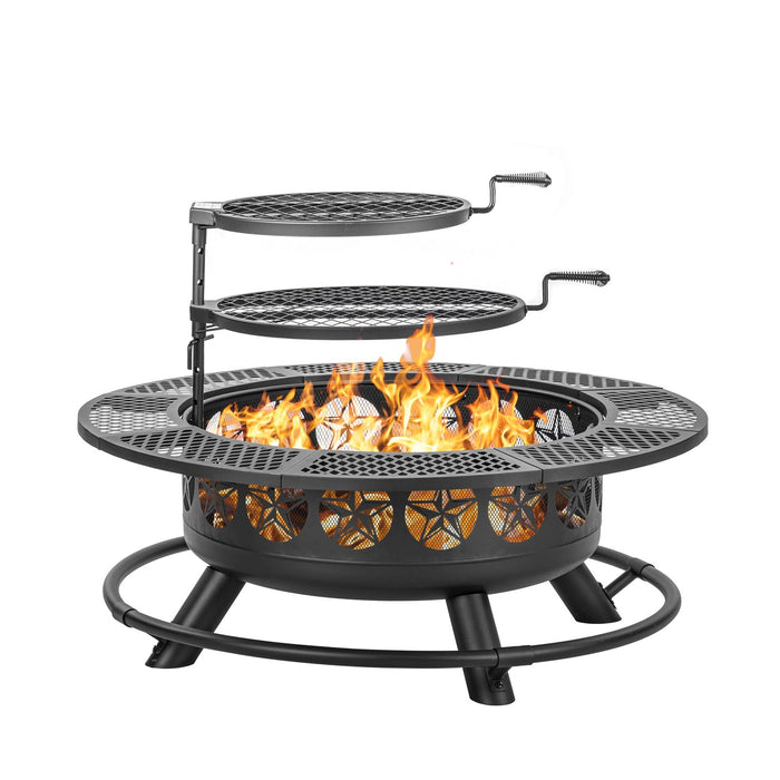 Verdeluxe 42 Inch BBQ Fire Pit With 2 Grills,3-In-1 Outdoor Round Metal Fire Pit Table With Lid,Fire Poker,Large Outdoor Wood Burning Firepits For Outside,Picnic,Bonfire Backyard Patio(Black) (LOCAL PICKUP ONLY)