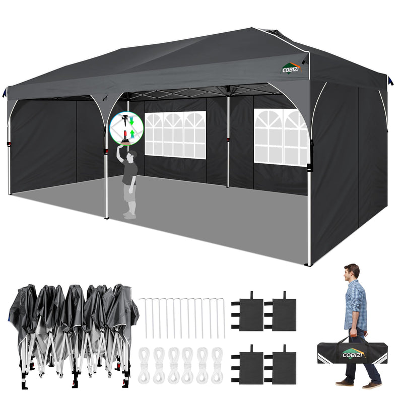 COBIZI 10X20 Pop Up Canopy: Canopy Tent With Patented Center-Lock Tech| Quick-Setup,UV-Reflective & Detachable Walls | 210D Waterproof | 3 Height Adjustments For Parties,Weddings,Outdoor Events(Black) (LOCAL PICKUP ONLY)