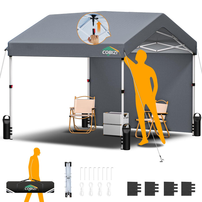 COBIZI 10X10 Pop Up Canopy With One Button Push Center Lock,Ez Up Portable Carport With 1 Sidewall,Waterproof UV50+ Outdoor Party Commercial Carport Canopy Gazebos With Carry Bag(10 X 10 Ft Gray) (LOCAL PICKUP ONLY)