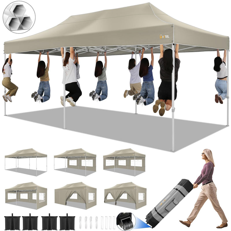 HOTEEL 10X20 Pop Up Canopy Tent For Parties, Heavy Duty Easy Setup Tent With 6 Sidewalls, Outdoor Commercial Instant Gazebo For Wedding Event, With Roller Bag & Sand Bags, Khaki(Hexagonal Frame) (LOCAL PICKUP ONLY)