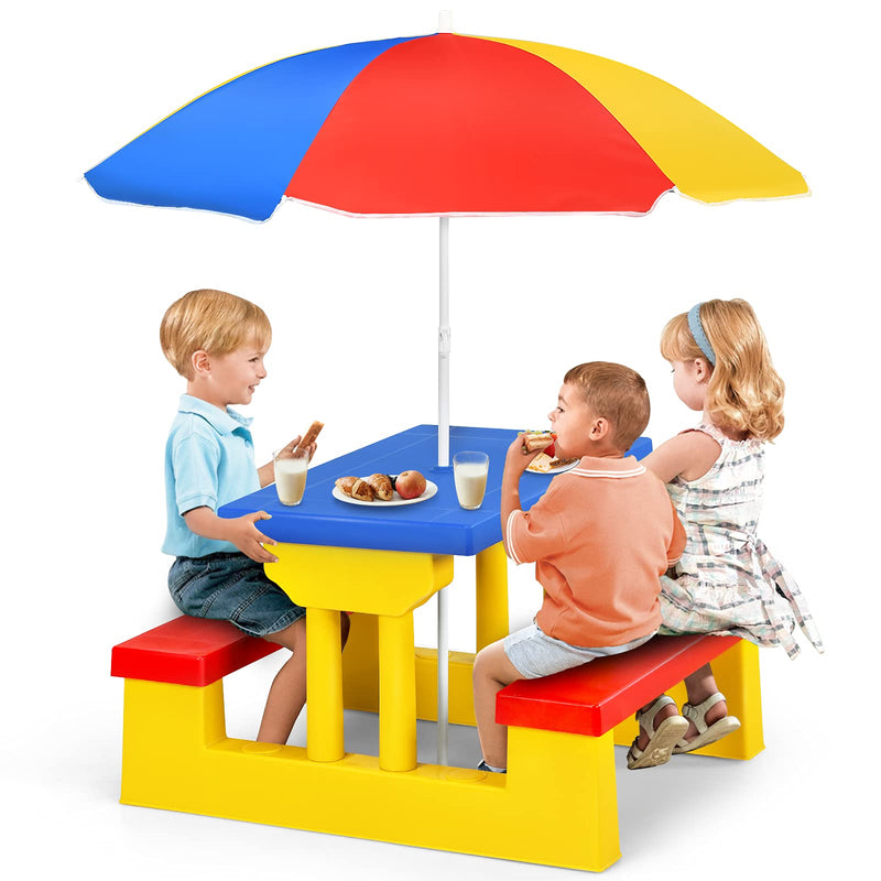 HONEY JOY Kids Picnic Table, Toddler Plastic Outdoor Table & Bench Set With Umbrella, Children Patio Furniture Set For Backyard Garden, Kids Picnic Tables For Outdoors, Gift For Boys Girls Age 3+ (LOCAL PICKUP ONLY)