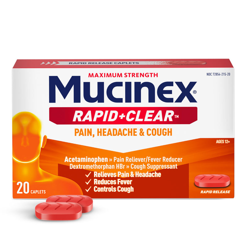 Mucinex Rapid+Clear Pain, Headache & Cough Medicine For Adults, 20 Caplets