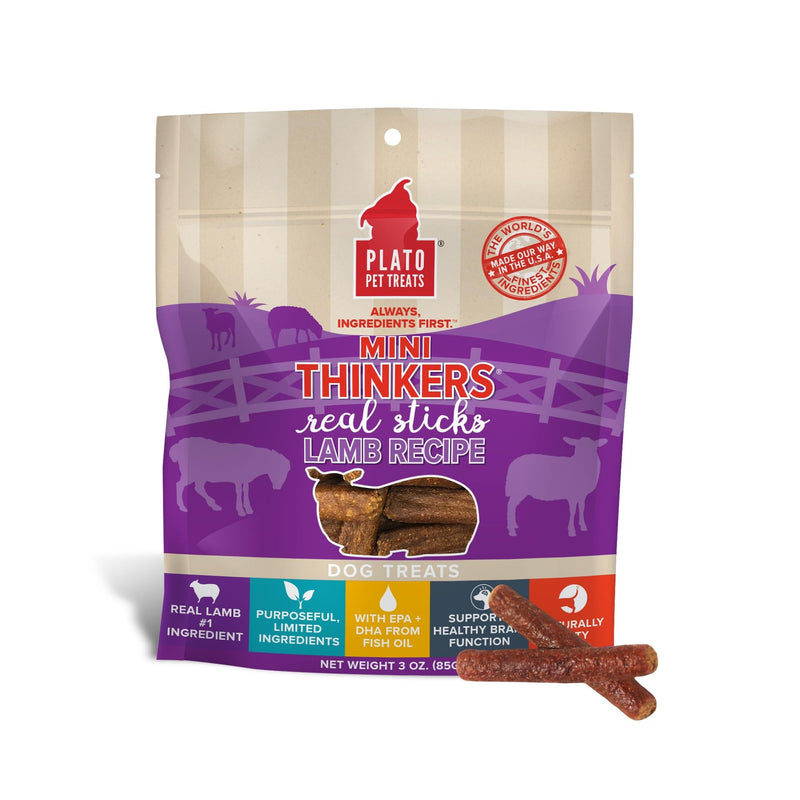 Plato Pet Treats Air Dried Dog Treats Lamb Mini Thinkers Sticks, Natural Dog Treats, Real Meat, Air Dried, Made In The USA, 3Oz