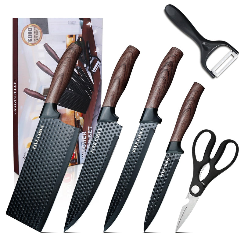 6 Pcs Kitchen Knife Block Set German High Carbon Stainless Steel Chef Knives, Razor-Sharp & Durable, Lightweight Anti-Slip Handle, Professional Set For Home & Kitchen (Brown 6 Piece)