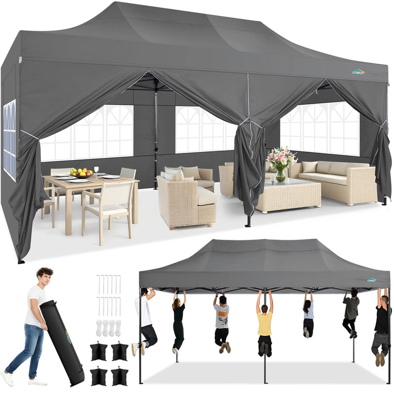 COBIZI 10X20 Heavy Duty Pop Up Canopy Tent With 6 Sidewalls Thicken Frame, Commercial Easy Up Outdoor Wedding Party Tents, All Season Waterproof Windproof With Stakes Sandbags Ropes Roller Bag, Gray (LOCAL PICKUP ONLY)