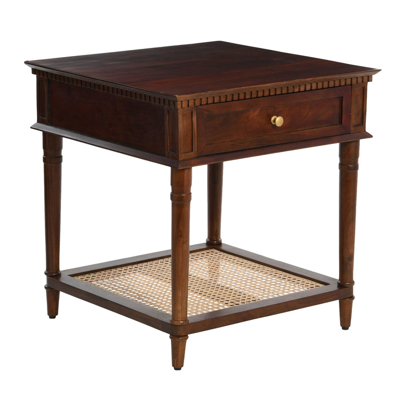 Creative Co-Op Maxwelton Solid Wood End Table With Drawer And Woven Cane Storage Shelf, Dark Chestnut And Natural (LOCAL PICKUP ONLY)