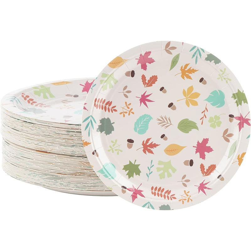 BLUE PANDA Disposable Plates - 80-Count Paper Plates, Autumn Party Supplies For Appetizer, Lunch, Dinner, And Dessert, Kids Birthdays, Fall Leaves Design, 9 X 9 Inches