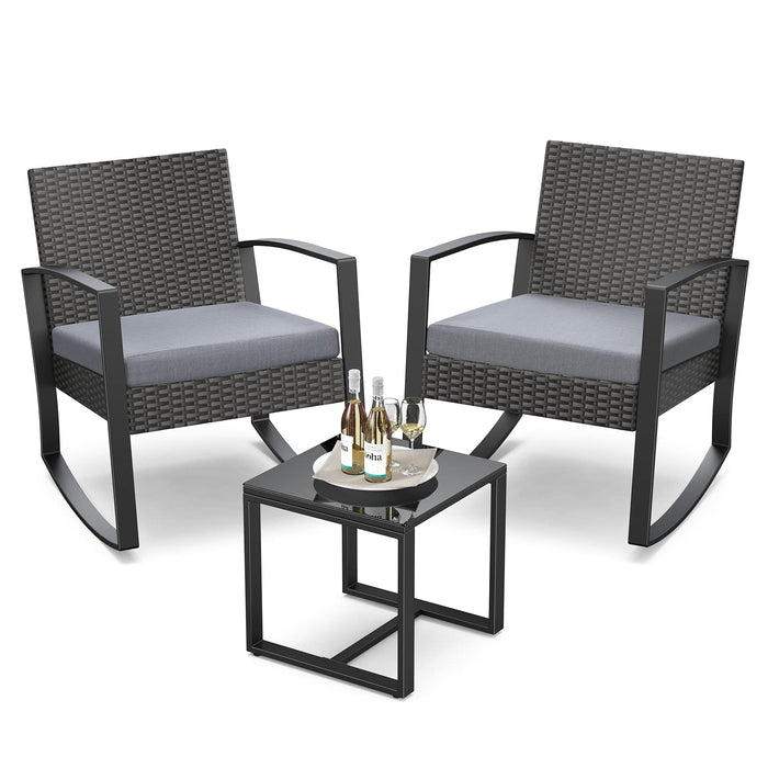 Qsun 3 Pieces Outdoor Patio Furniture Set Rocking Bistro Set Outdoor Rattan Conversation With Coffee Table For Garden Balcony Backyard Poolside (Grey Cushion) (LOCAL PICKUP ONLY)