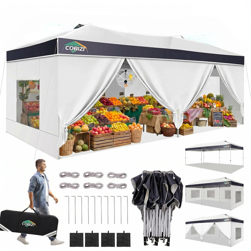 COBIZI 10X20 Pop Up Canopy Tent With 6 Removable Sidewalls, Easy Up Outdoor Canopy, UPF 50+ And Waterproof, Air Vent & Reflective Strip, 3 Adjustable Heights For Party,Wedding,Commercial-Lt Gray/White (LOCAL PICKUP ONLY)