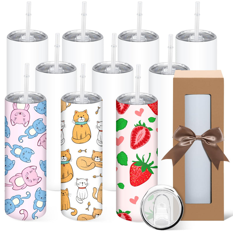 AKEYDIY Sublimation Tumblers Blanks 10 Pack, 30 Oz Skinny Straight Stainless Steel Insulated Cups With Splash-Proof Lid & Straw, Individual Gift Box For DIY, Family, Friends & Company Gifts